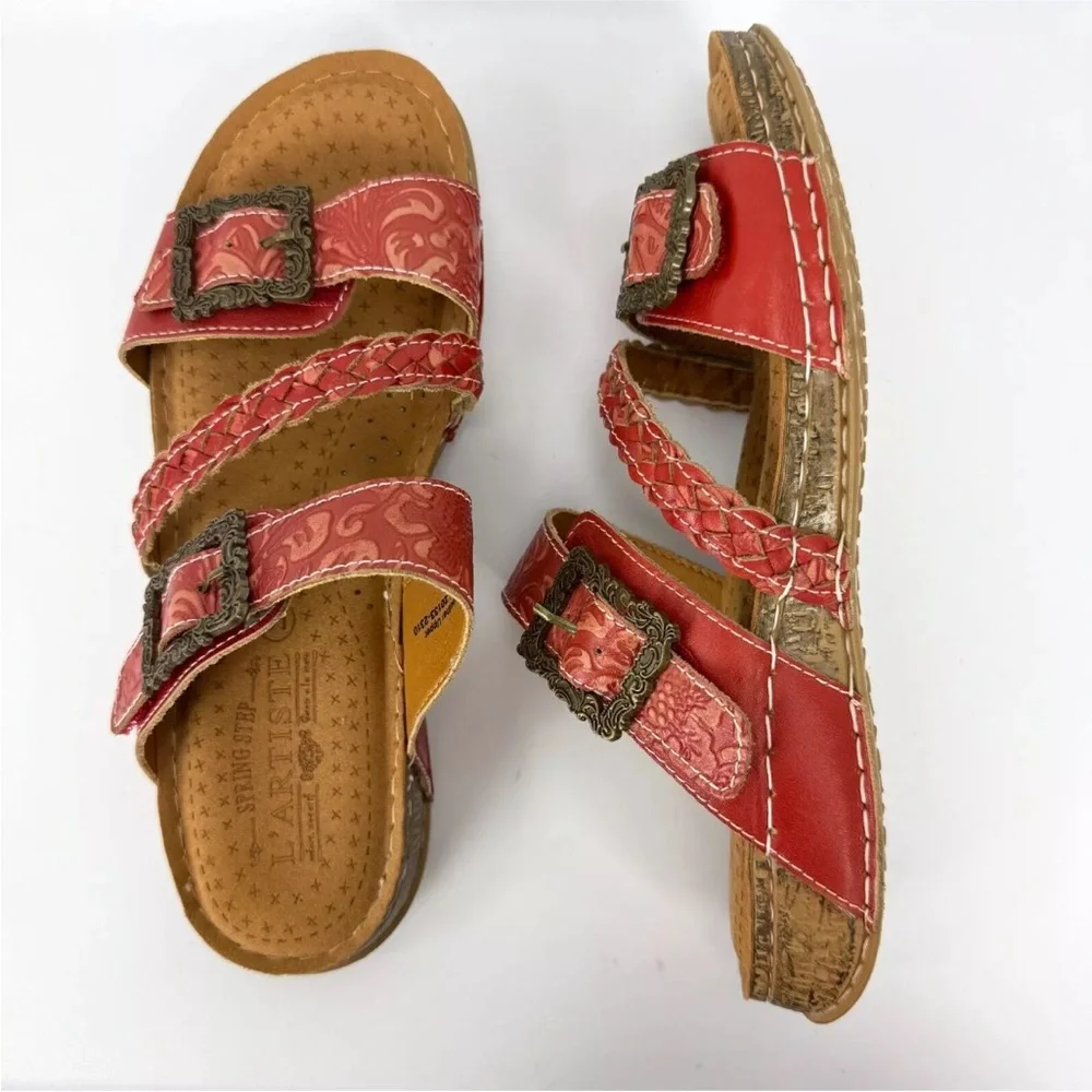 L'Artiste Spring Step ASTRA Red Leather Strappy Buckle Slip On Sandals 41 US 10 - Picture 3 of 8